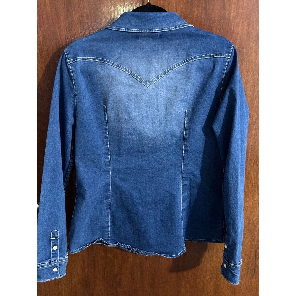 True Religion Men's Denim Western Button Up Shirt Blue Embroidered Long Sleeve